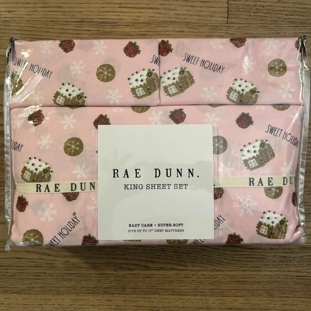 Rae Dunn Sweet Holiday King Sheet Set Pink Gingerbread‎ Christmas Bedding NEW
